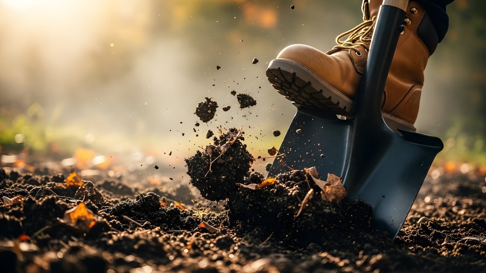 closeup of a boot and shovel digging dirt