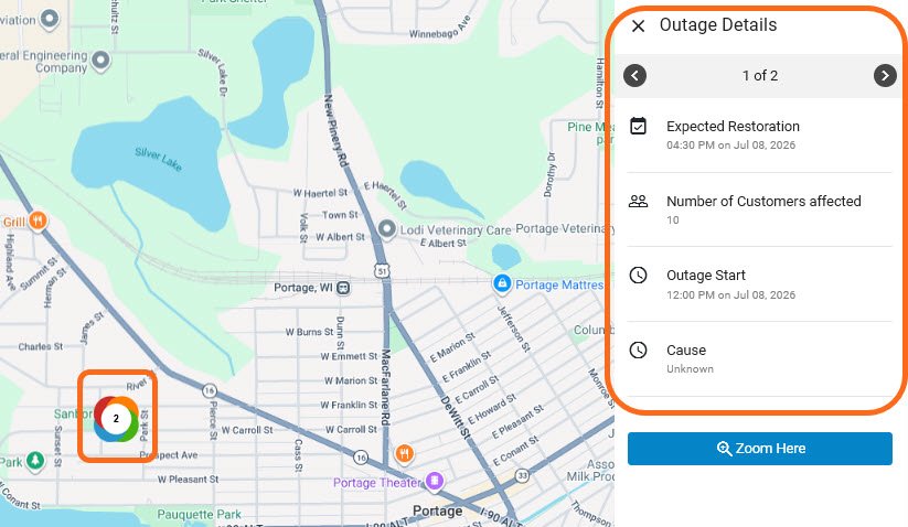 screenshot of outage details panel