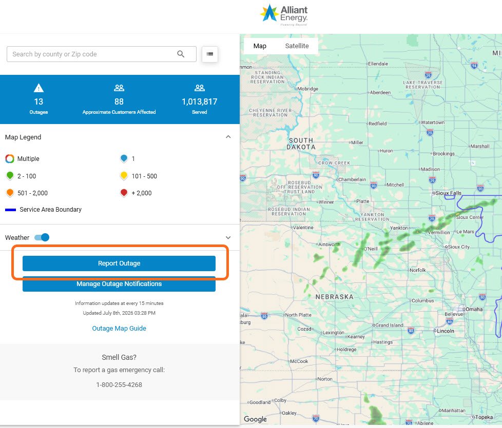 screenshot showing location of "Report Outage" button