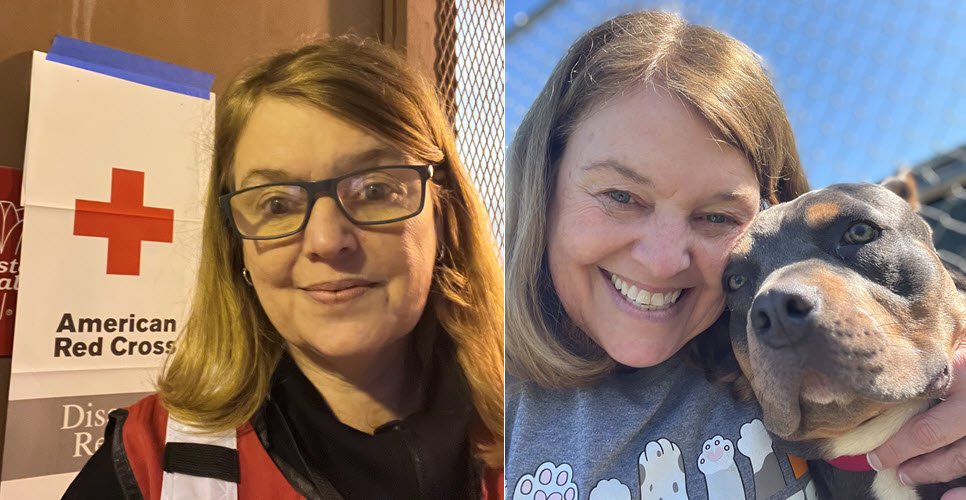 collage photos of a woman near a Red Cross sign and the same woman with a dog