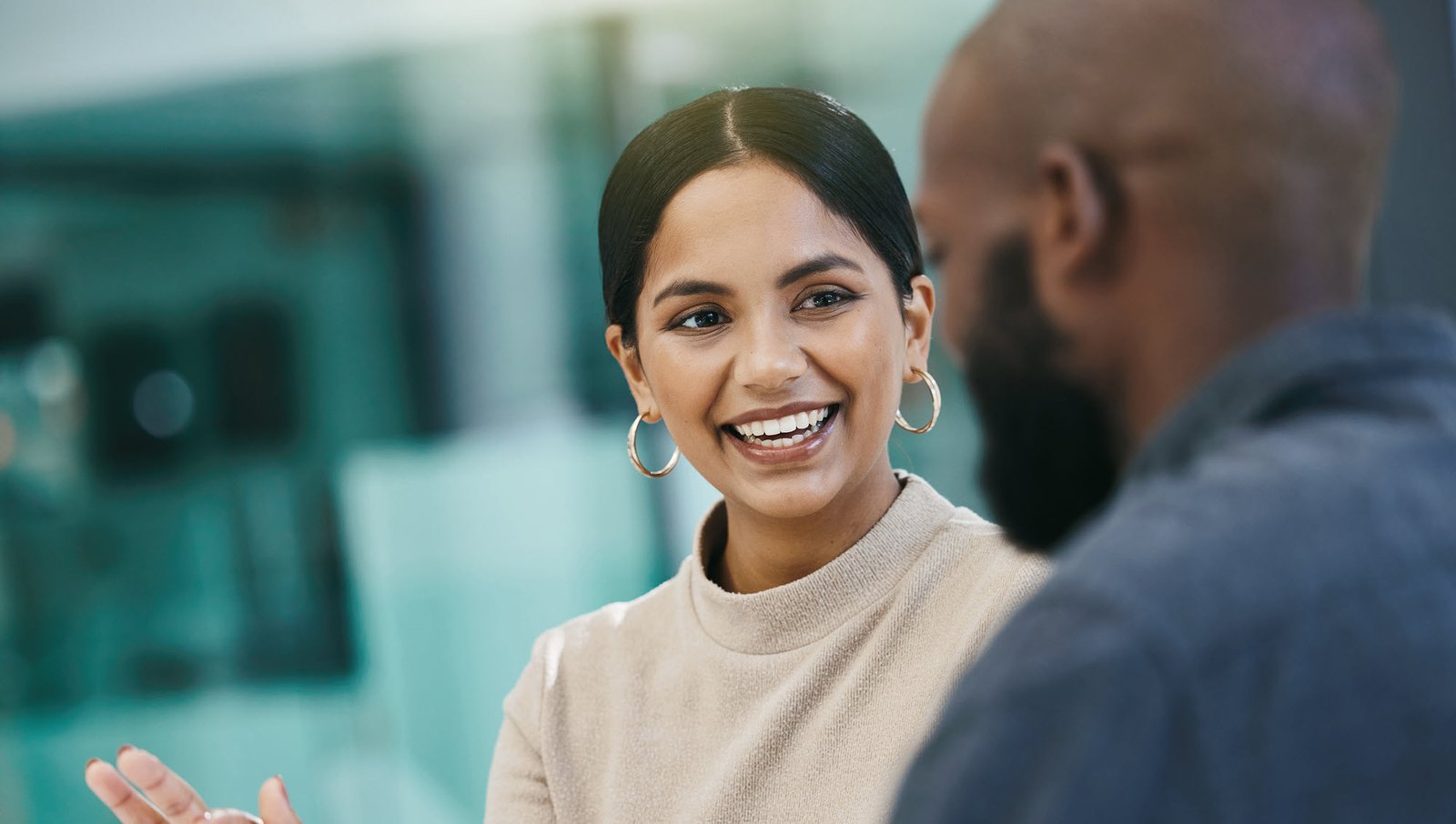 business woman and man talking